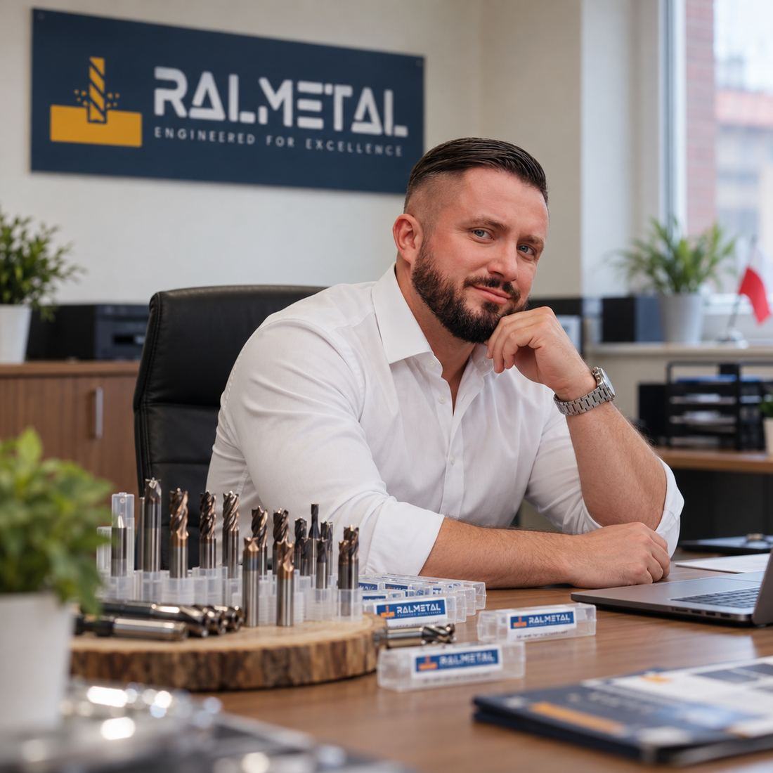 Robert Rał przy biurku w biurze firmy Ralmetal